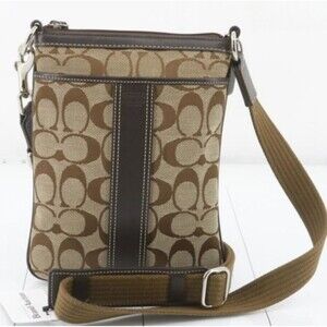 Coach Signature 6016 Stripe Swingpack Crossbody Khaki Brown Leather Purse